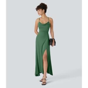 NWT Halara Ribbed Cowl Neck Lace Up Midi Dress Green Size Large